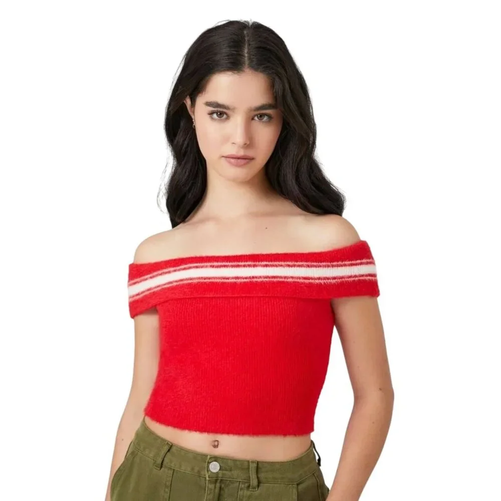 Forever 21 Women's 0X (Med) Off Shoulder Sweater-Knit Crop Top Red White Stripe - Picture 1 of 8